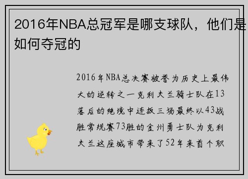 2016年NBA总冠军是哪支球队，他们是如何夺冠的